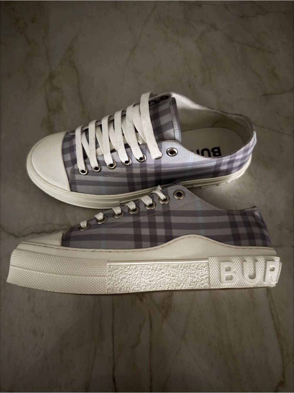 Burberry Gray Plaid Low-Top Sneakers with White Soles